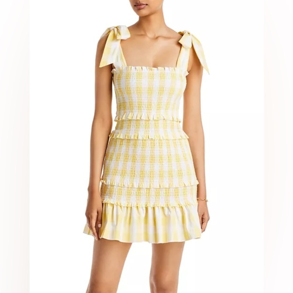AQUA Gingham Smocked Mini Dress soft yellow white size small